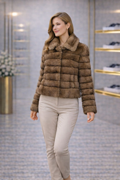 Taupe Textured Short Jacket with Plush Design