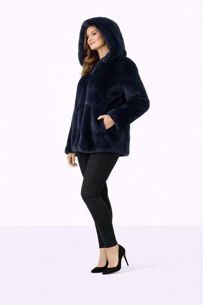 Deep Blue Reversible Fur Hooded Jacket