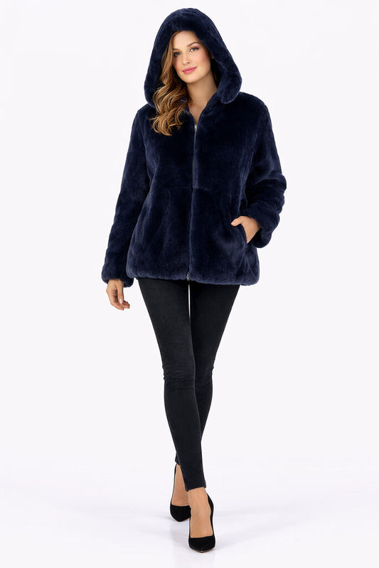 Deep Blue Reversible Fur Hooded Jacket
