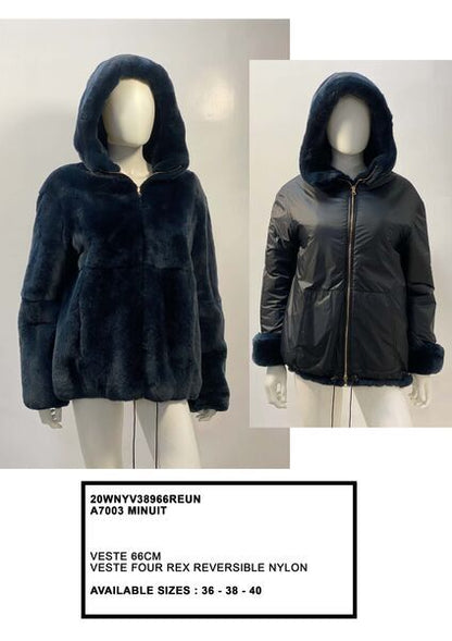 Deep Blue Reversible Fur Hooded Jacket
