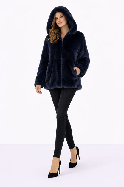 Deep Blue Reversible Fur Hooded Jacket