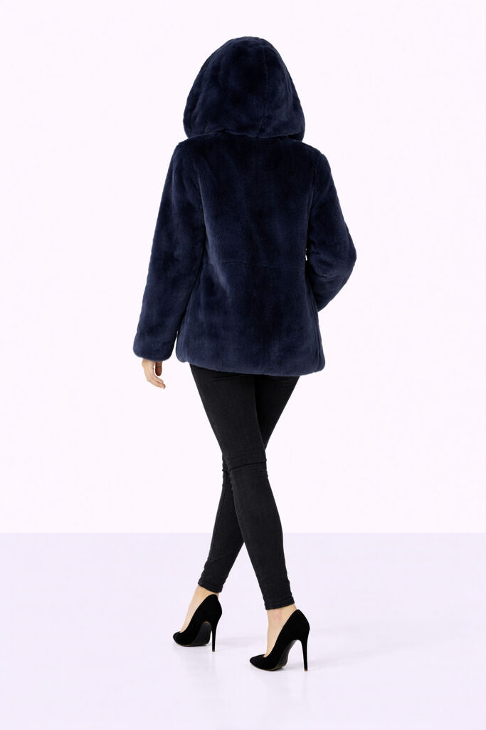 Deep Blue Reversible Fur Hooded Jacket