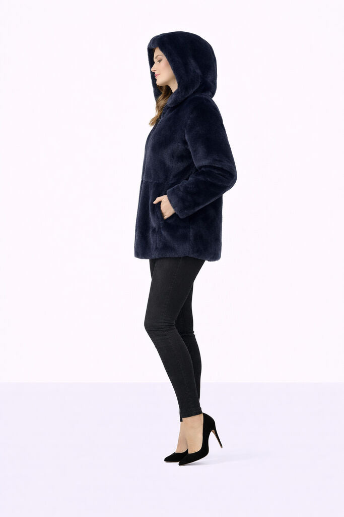 Deep Blue Reversible Fur Hooded Jacket