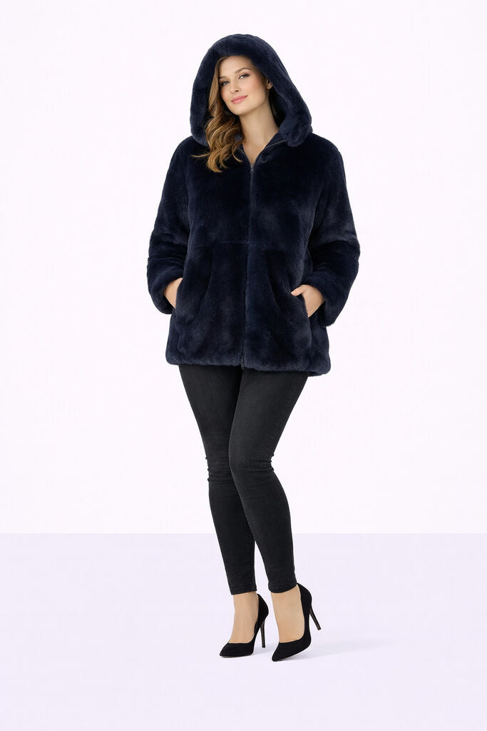 Deep Blue Reversible Fur Hooded Jacket