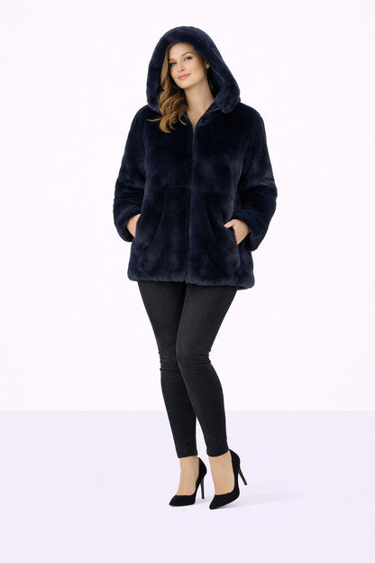 Deep Blue Reversible Fur Hooded Jacket