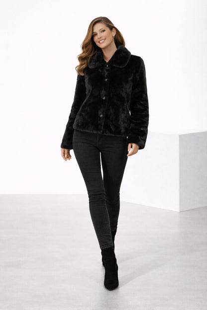 Black Textured Short Jacket with Plush Finish