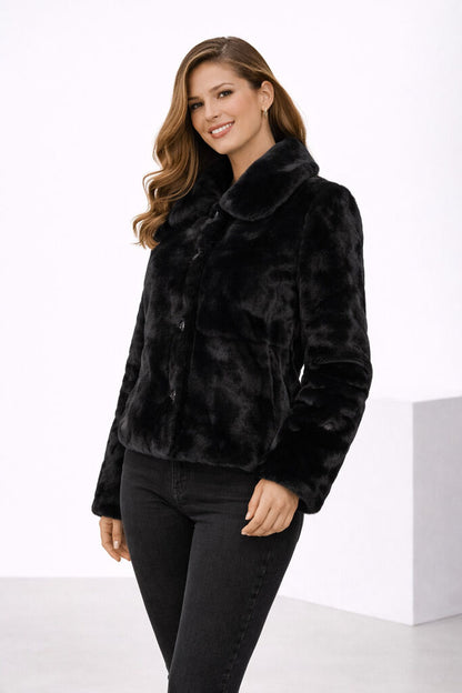 Black Textured Short Jacket with Plush Finish