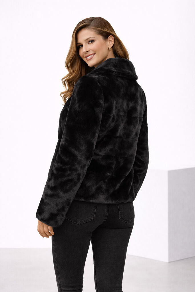 Black Textured Short Jacket with Plush Finish