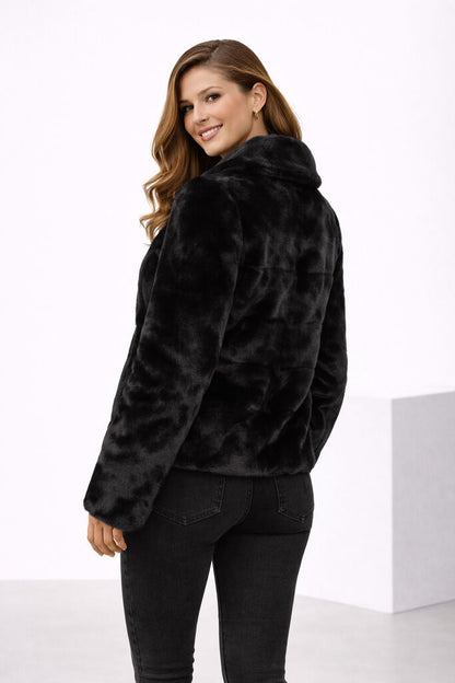 Black Textured Short Jacket with Plush Finish