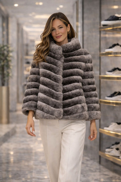 Chinchilla Textured Fur Jacket with Structured Design