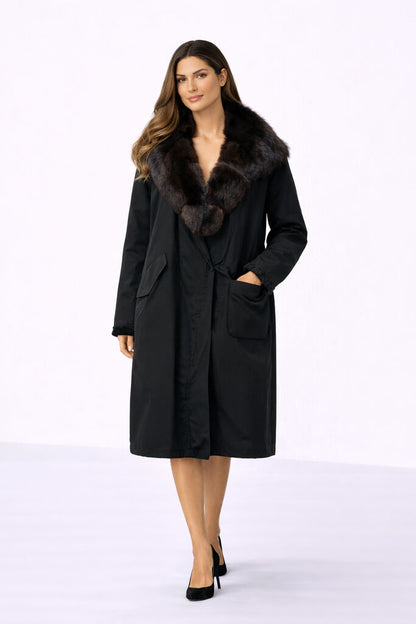 Black Fur-Trimmed Parka with Elegant Collar