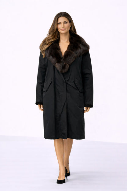 Black Fur-Trimmed Parka with Elegant Collar
