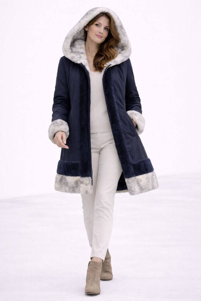 Navy Nylon Reversible Hooded Coat with Plush Trim