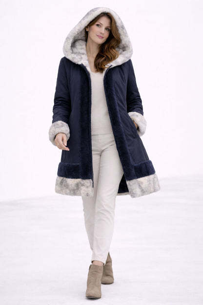 Navy Nylon Reversible Hooded Coat with Plush Trim