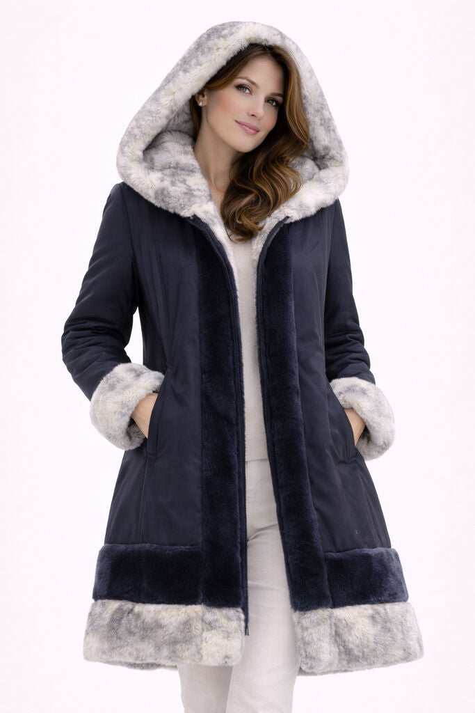 Navy Nylon Reversible Hooded Coat with Plush Trim
