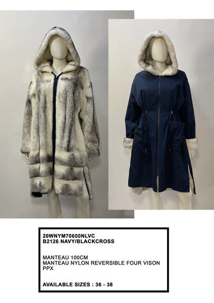 Navy Nylon Reversible Hooded Coat with Plush Trim