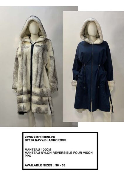 Navy Nylon Reversible Hooded Coat with Plush Trim