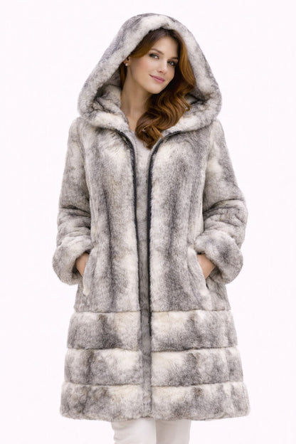 Navy Nylon Reversible Hooded Coat with Plush Trim