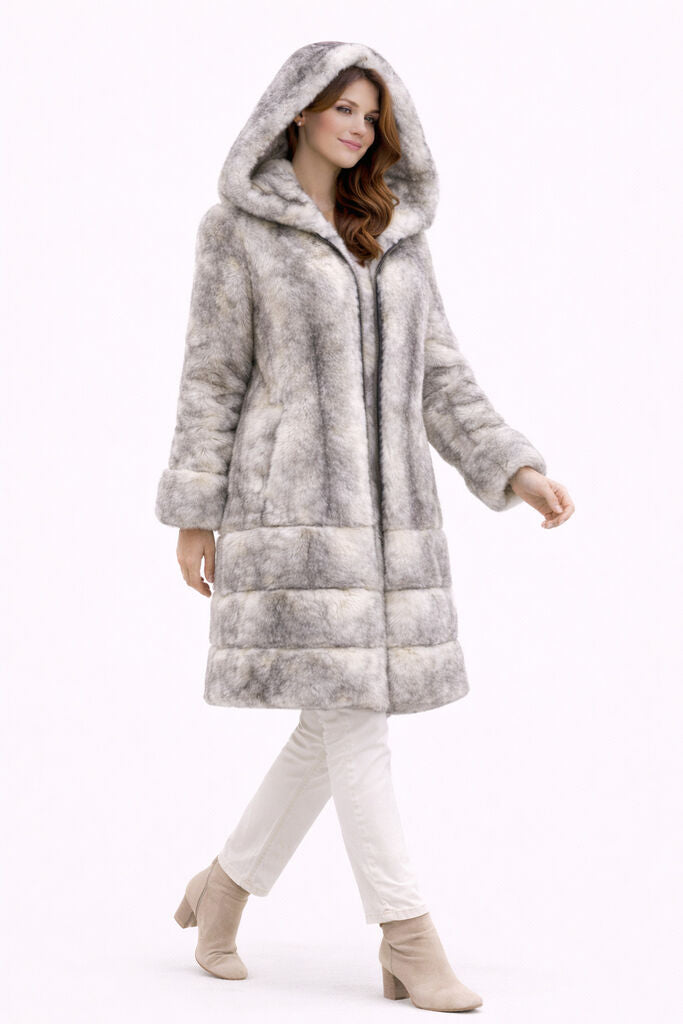 Navy Nylon Reversible Hooded Coat with Plush Trim