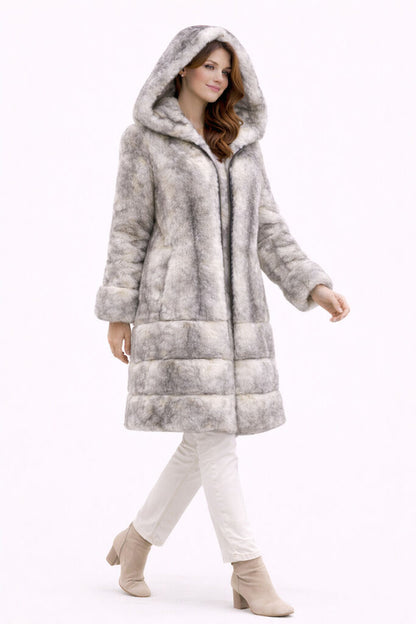 Navy Nylon Reversible Hooded Coat with Plush Trim