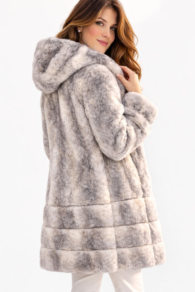 Navy Nylon Reversible Hooded Coat with Plush Trim