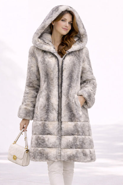 Navy Nylon Reversible Hooded Coat with Plush Trim