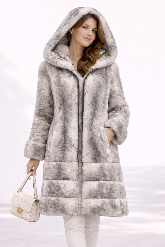 Navy Nylon Reversible Hooded Coat with Plush Trim