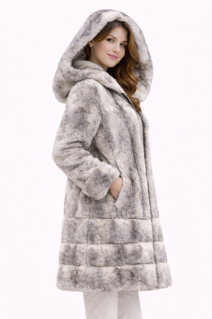 Navy Nylon Reversible Hooded Coat with Plush Trim