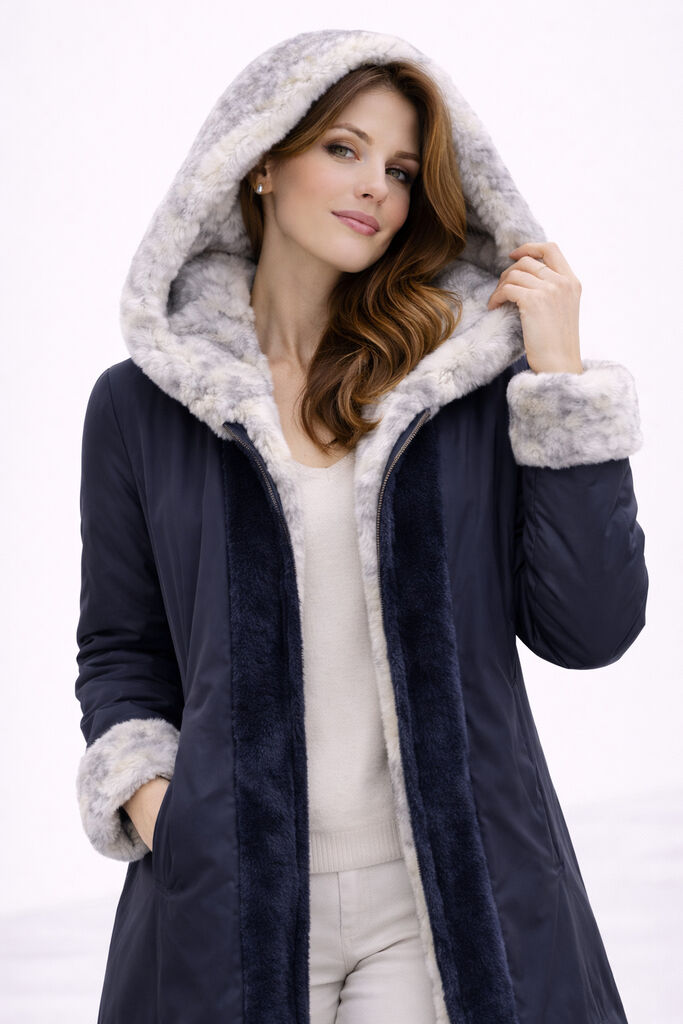 Navy Nylon Reversible Hooded Coat with Plush Trim