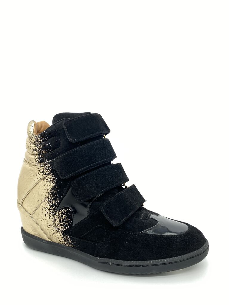 Black Suede Wedge Sneaker with Velcro Straps