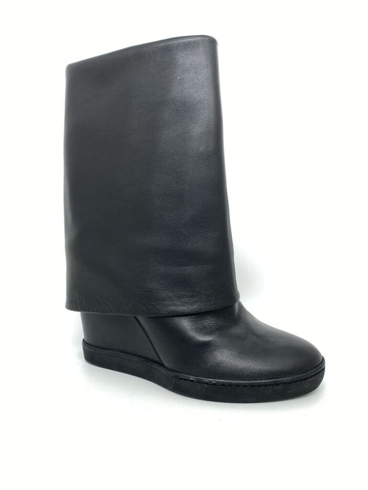 Black Leather Wedge Boots with Cuff