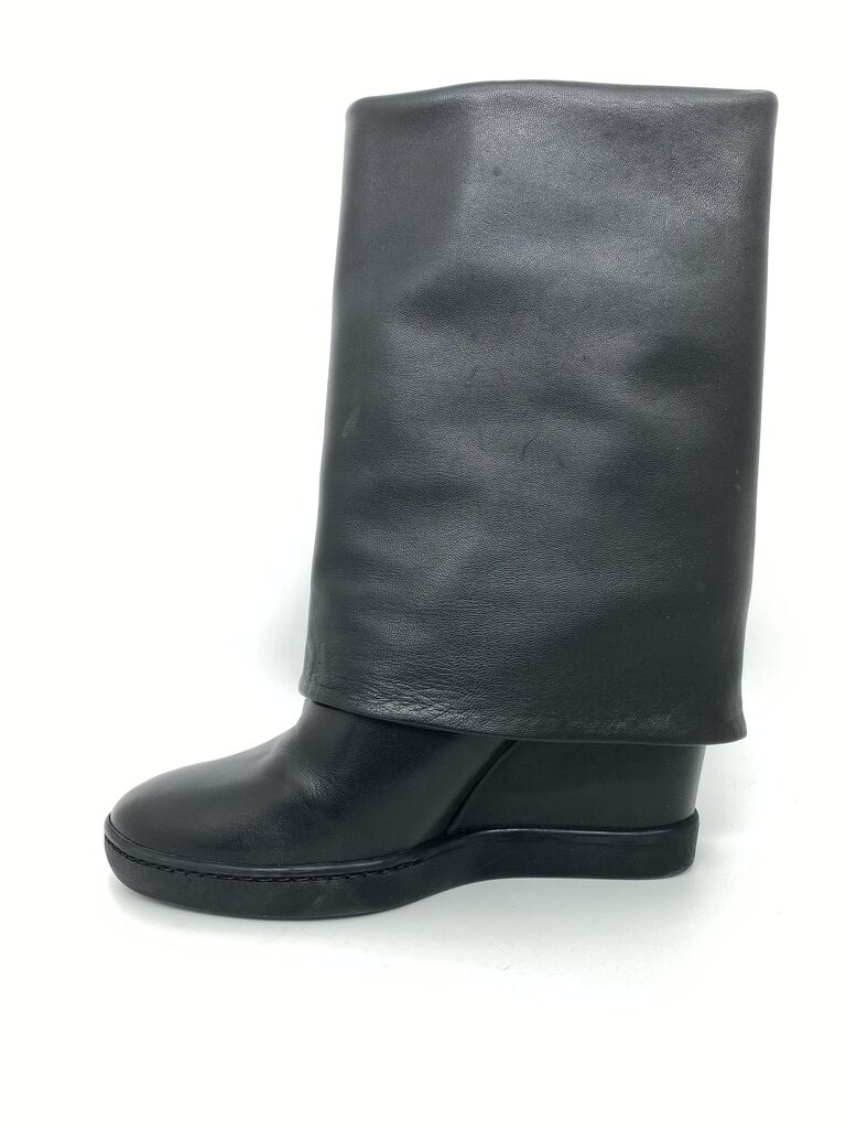 Black Leather Wedge Boots with Cuff