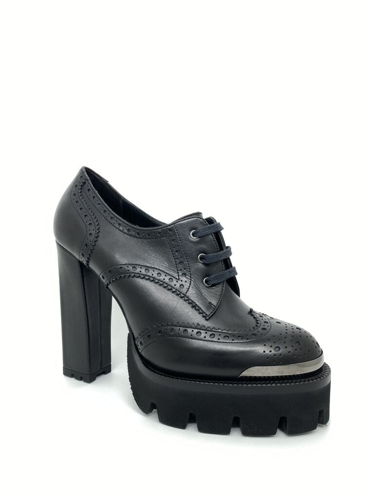 Black Leather Brogue Heel Platform