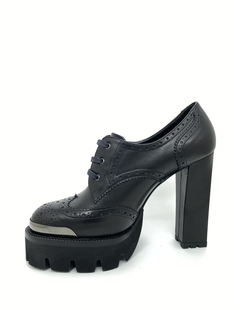 Black Leather Brogue Heel Platform