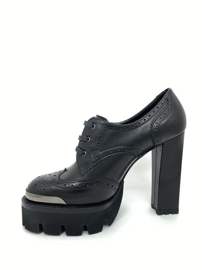 Black Leather Brogue Heel Platform