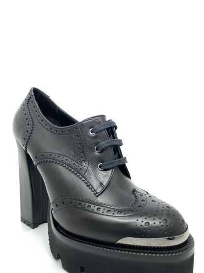 Black Leather Brogue Heel Platform