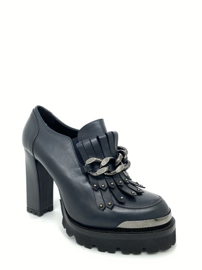 Black Leather Heel Loafers with Chain Detail