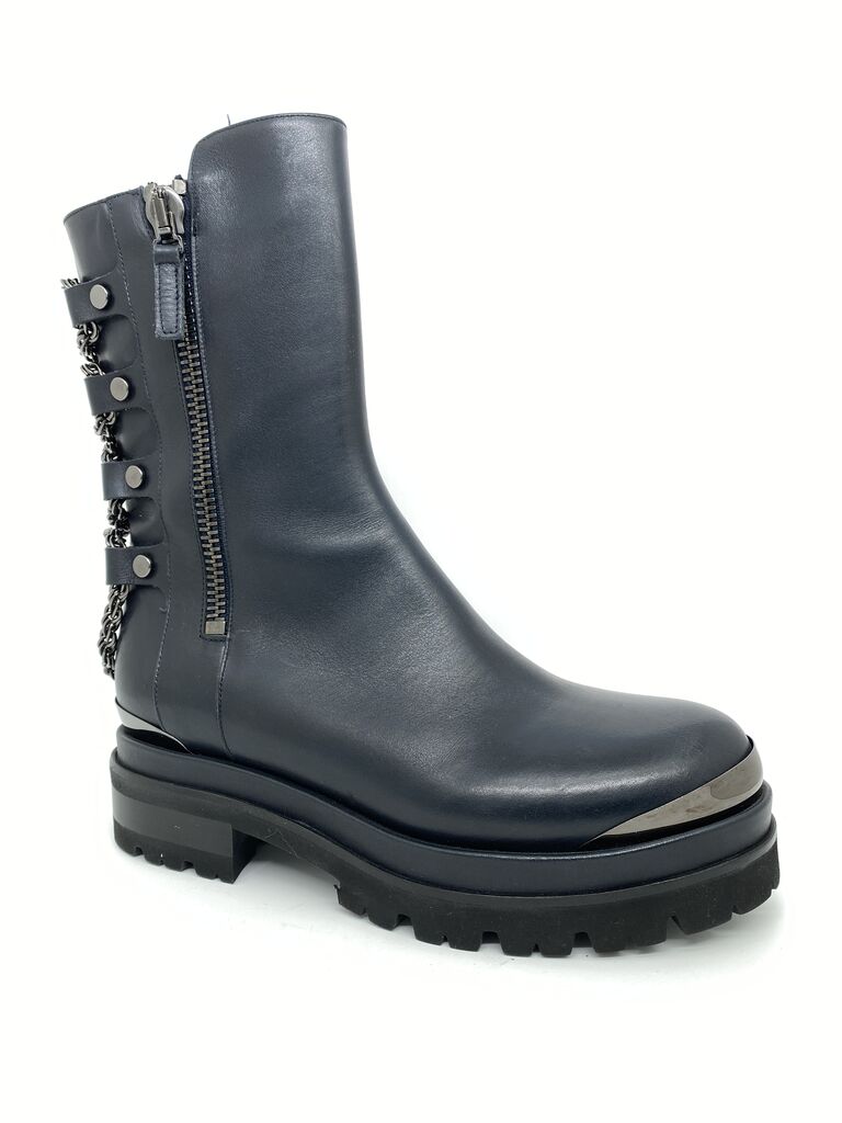 Black Leather Ankle Boot with Chain Detail