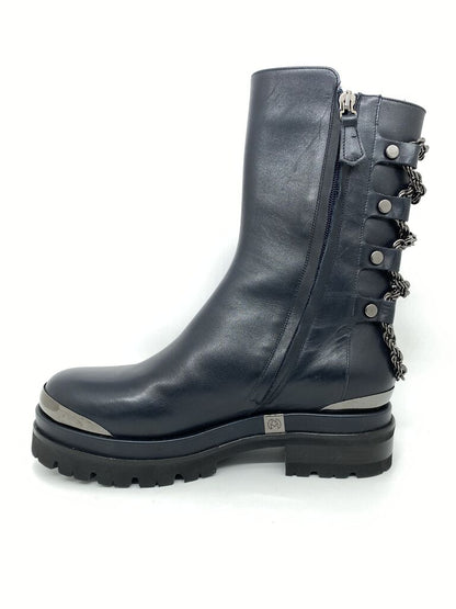 Black Leather Ankle Boot with Chain Detail