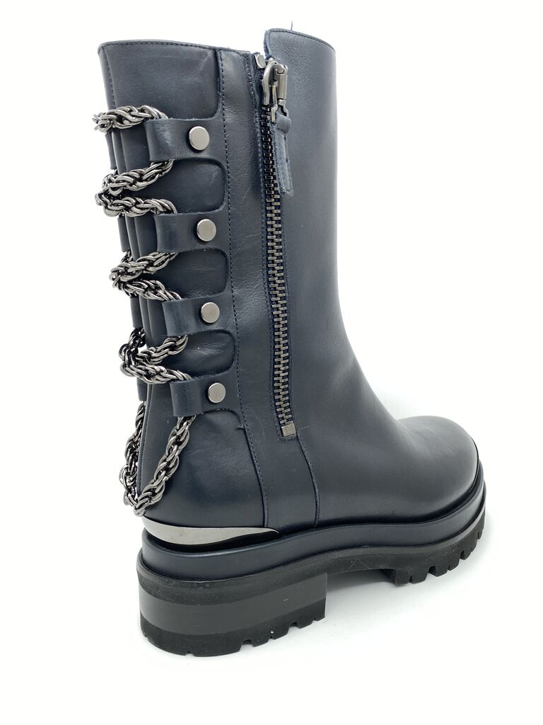 Black Leather Ankle Boot with Chain Detail