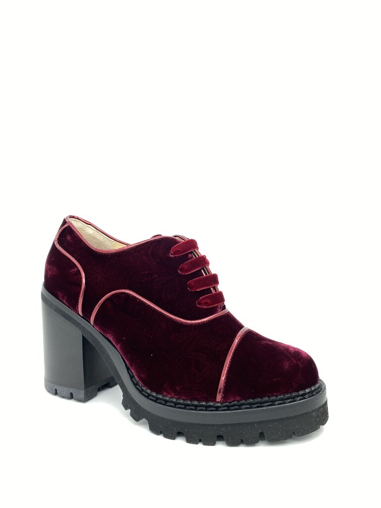 Burgundy Velvet Block-Heel Lace-Up Shoe