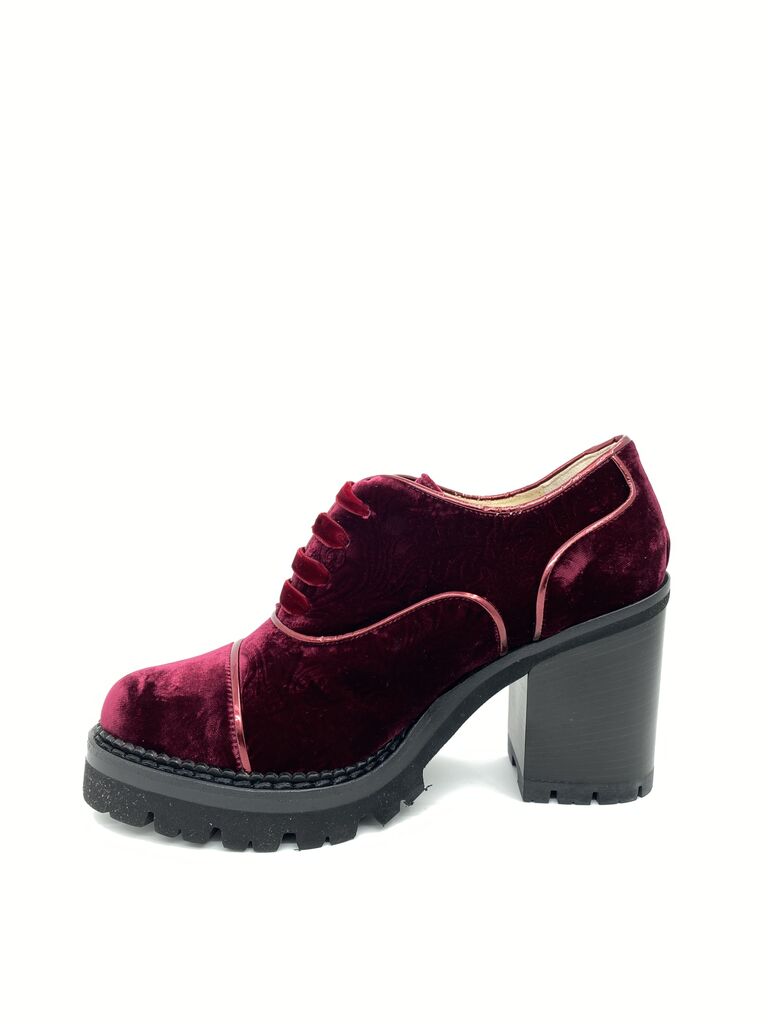 Burgundy Velvet Block-Heel Lace-Up Shoe