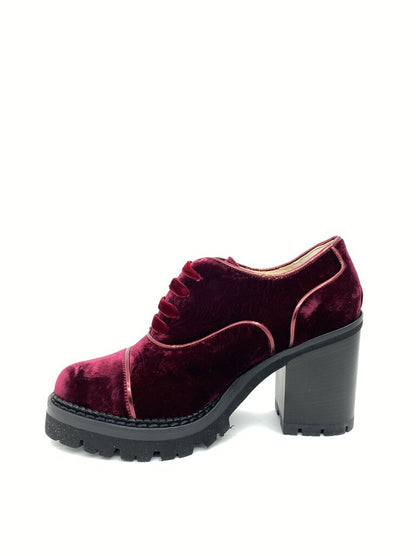 Burgundy Velvet Block-Heel Lace-Up Shoe