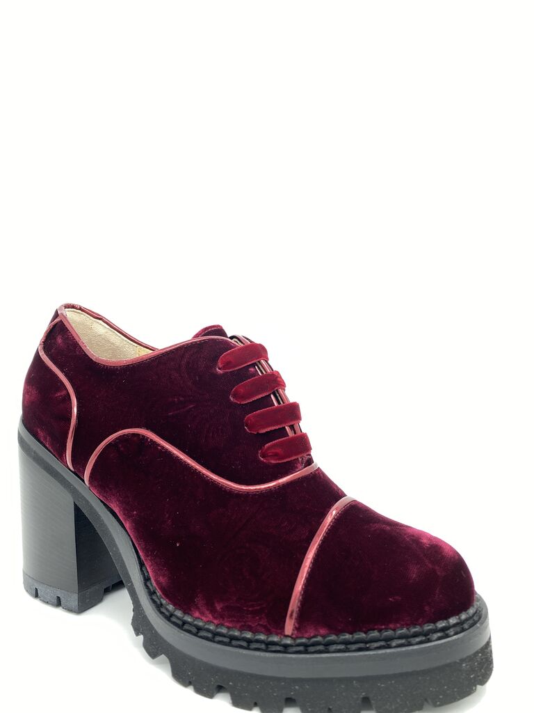 Burgundy Velvet Block-Heel Lace-Up Shoe