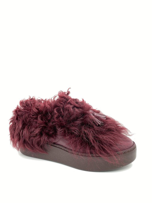 Burgundy Furry Slip-On Shoes with Tassels