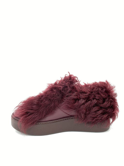 Burgundy Furry Slip-On Shoes with Tassels