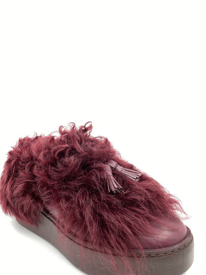 Burgundy Furry Slip-On Shoes with Tassels