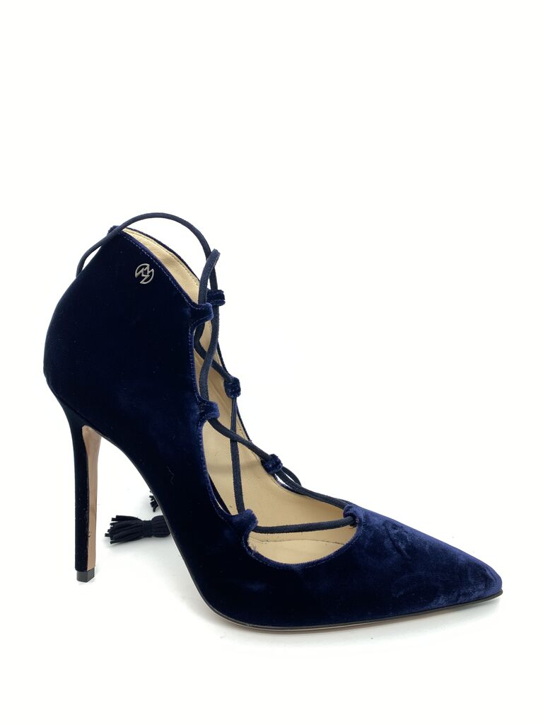 Navy Velvet Lace-Up Stiletto with Tassel Detail