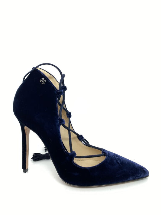 Navy Velvet Lace-Up Stiletto with Tassel Detail