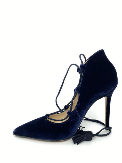 Navy Velvet Lace-Up Stiletto with Tassel Detail